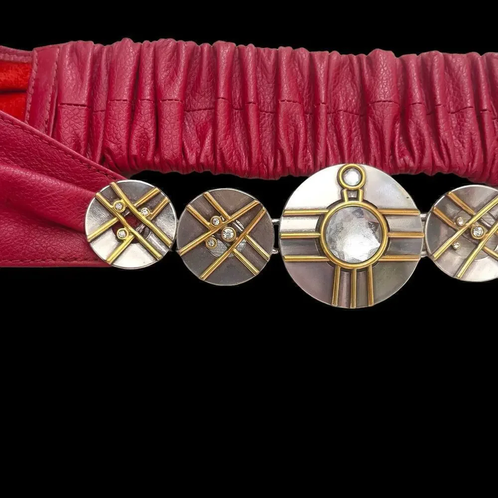 Vintage Mixed Metals Mondrian 90s Red Leather Belt Silver Gold Elastic 27-29”